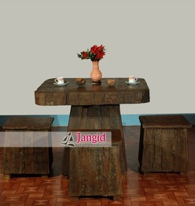 <b>Rustic</b> Solid <b>Wood</b> Restaurant <b>Tables</b> with 4 Stools Set Antique Design for <b>Dining</b> Commercial Use Handcrafted Wholesale Indian Expo - Product Image 4