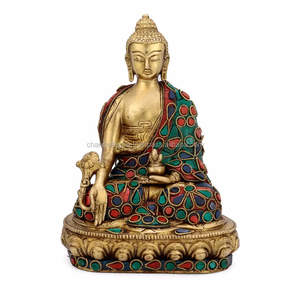 Buddha Lotus Medicine Statue Brass Turquoise Sculpture Tibet Sakyamuni Brass Sating Buddha Statue Medicine Blessing Buddhism Art