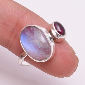 Natural rainbow <b>Moonstone</b> and Garnet Gemstone <b>Ring</b> Wholesale Fine Jewelry 925 Sterling Silver Handmade Jewelry Suppliers - Product Image 1