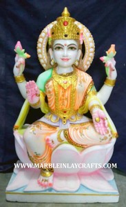 Estatua de la Diosa Laxmi en Mármol Blanco, Diseño Colorido y Atractivo, Escultura de la Diosa Laxmi Pintada en Mármol Blanco - Product Image 2