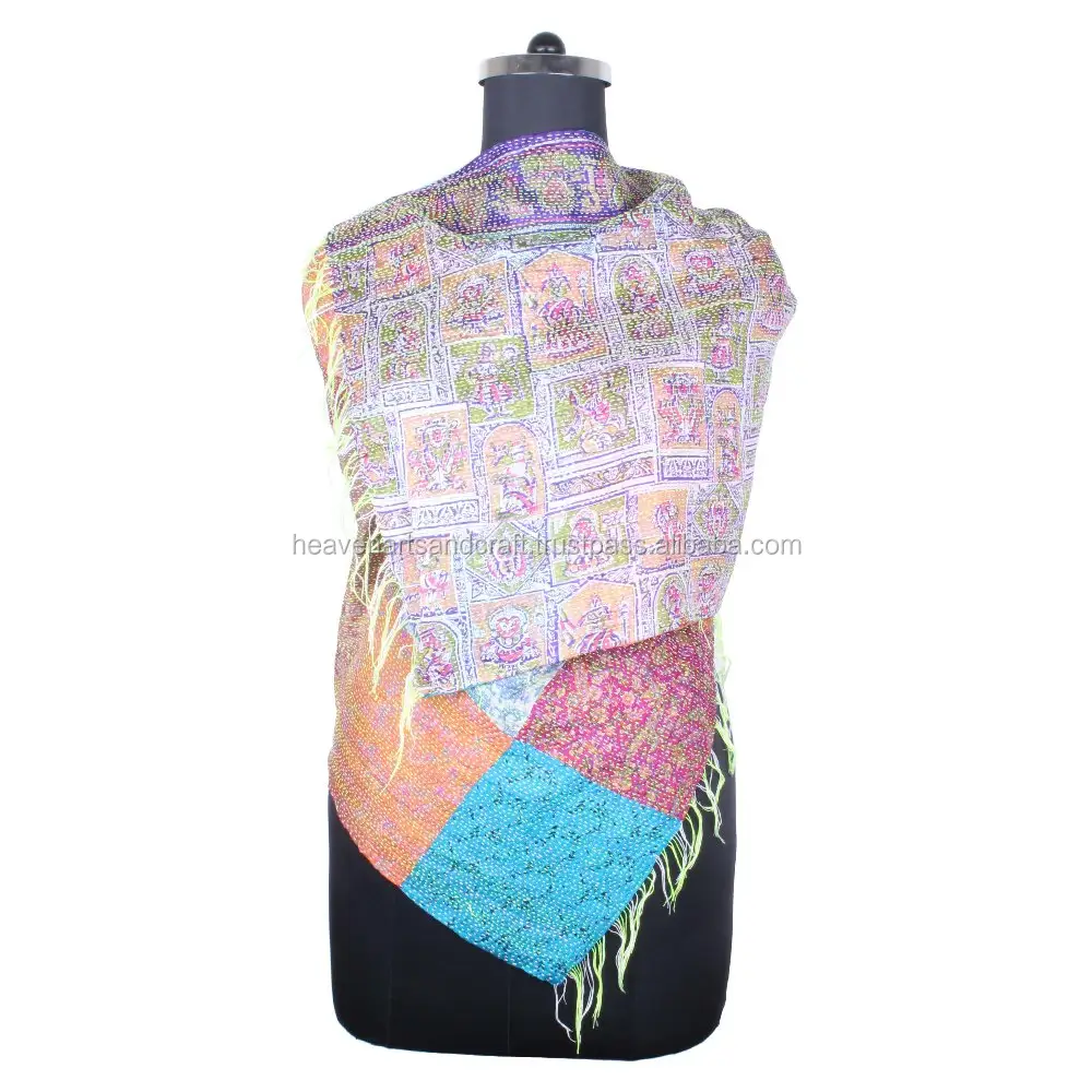 Kantha iş ipek yama çalışması el yapımı Vintage stil eşarp kızlar için Trendy tasarım SC1429 eşarp Vintage kantha el dikişli