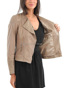 Ladies Winter Leather Jacket Made of Soft Sheepskin in Light Shine Brown Color Stylish and Warm Outerwear for Cold <b>Weather</b> - Product Image 3