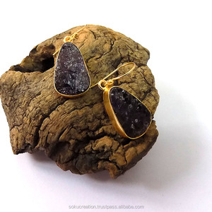 SOKU #3480 Vermeil chapado en oro diseñador artesanal hecho a mano joyería de latón grandes pendientes colgantes piedra amatista accesorio de moda - Product Image 2