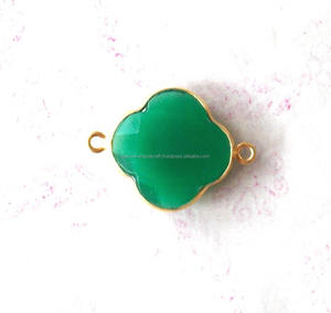 Pierre précieuse Onyx vert fait à la main connecteur de lunette forme trèfle plaqué or pierre à facettes 12mm breloque pour la fabrication de bijoux et l'artisanat - Product Image 1