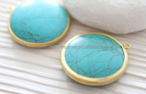 Colgante grande de piedra redonda turquesa, bisel dorado, Conector de piedras preciosas, colgantes y dijes de joyería fina - Product Image 5