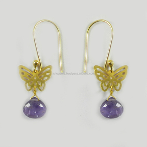 Pendientes de diseño chapados en oro, Gema de amatista, filigrana de mariposa, IG0180 - Product Image 1