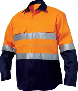 Hi-vis manica lunga due tono camicia da lavoro in cotone con nastro riflettente