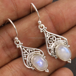 Vintage Fashionable Pure 925 <b>Solid</b> Sterling <b>Silver</b> New <b>Earrings</b> Natural Rainbow Moonstone Gemstones Handcrafted Fine Jewelry - Product Image 1