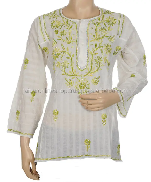 Indian Ladies Cotton Chikan Kurtis Kurta Top Tunic