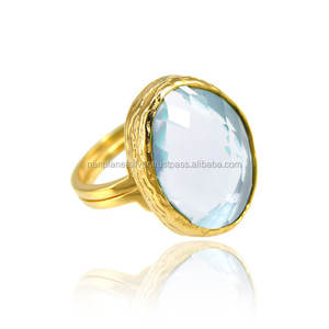 แหวนควอตซ์สีฟ้ารูปไข่เงินทอง Vermeil ชุดกรอบพลอยสำหรับงานแต่งงานงานหมั้นครบรอบแต่งงาน - Product Image 1