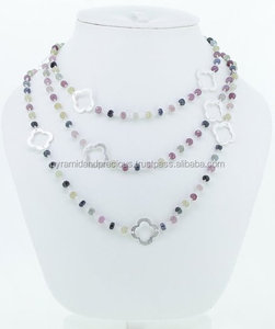 Multi turmalina 4mm cordón Rosario collar de estilo con encanto de trébol-Rosario estilo de piedras preciosas collar de Gargantilla - Product Image 1