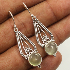 Pendientes de piedras preciosas de Prehnita verde natural, forma redonda, 925 puro, ajuste de bisel de plata esterlina sólida, joyería hecha a mano bonita - Product Image 1