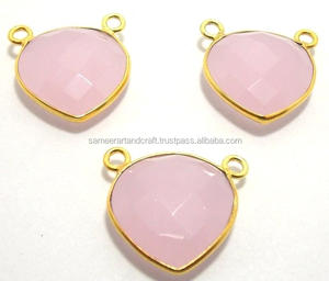 Plaqué or 18 carats calcédoine rose pierre précieuse forme de coeur à facettes coupe double caution bijoux lunette connecteurs - Product Image 1