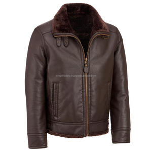 Veste en cuir doublée de fourrure marron pour homme - Product Image 1