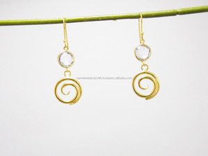 Piedra preciosa de cuarzo transparente con forma redonda chapada en oro Hermosa joyería designable Pendiente de aro colgante - Product Image 4