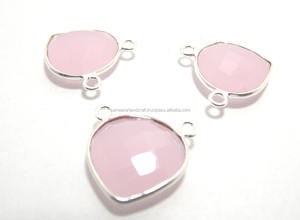 Plaqué or 18 carats calcédoine rose pierre précieuse forme de coeur à facettes coupe double caution bijoux lunette connecteurs - Product Image 2