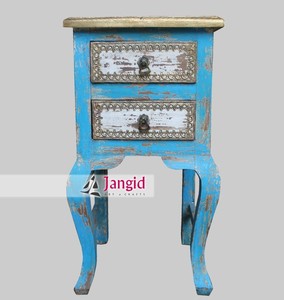 Reclaimed Wood Distressed <b>Blue</b> Colonial Style <b>Bedside</b> Nightstands Bedroom 2 Drawers <b>Table</b> Handcrafted For Living Room Hotel - Product Image 1