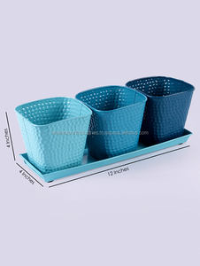 Juego de 3 macetas de metal azul con bandeja, maceta pequeña para hierbas para decoración interior y exterior, macetas para hierbas - Product Image 4