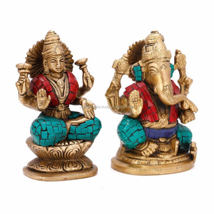 รูปปั้นพระพิฆเนศ คู่หายาก ประดับด้วยเทอร์ควอยซ์ ทองเหลือง งานฝีมืออินเดีย ฮินดู วินเทจ ลายดอกบัวเทอร์ควอยซ์ พระพิฆเนศ ศิลปะทางศาสนา - Product Image 2