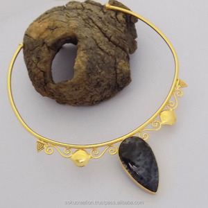 14k Vermeil Gold Plated Designer Antique Texture Filigree Handcrafted Marvelous Gemstone Choker Necklace Jewelry - Product Image 1