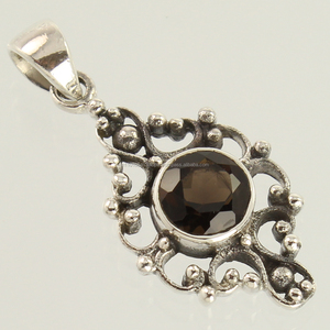 ชาติพันธุ์เครื่องประดับยอดนิยมจี้โซลิแทร์ธรรมชาติที่น่าสนใจสีน้ำตาลสโมควอตซ์อัญมณี925แข็งเงินสเตอร์ลิง - Product Image 1