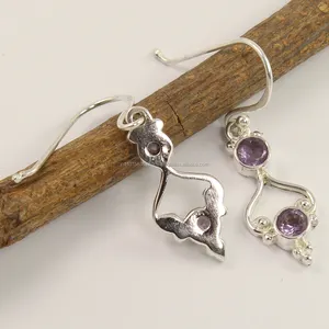 2 Stones Design Earring For Women 1 3/8 Inches Long 925 Sterling Silver Jewelry Natural AMETHYST Gems Chandelier Earrings