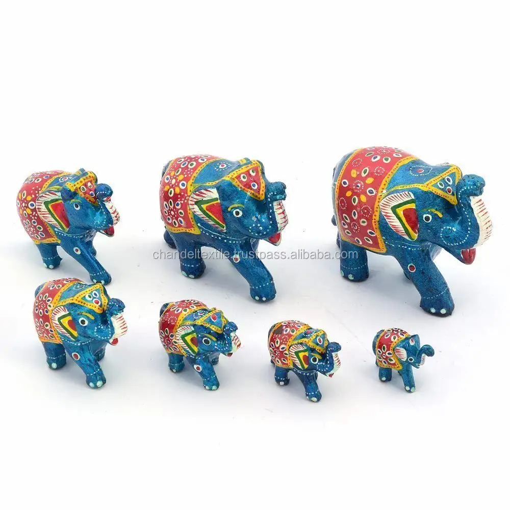 Handgemaakte Papier Mache Werk 7 Stuk Olifant Set Papier Mache Olifant Deur Decor Paar Latkan Muur Opknoping Mobiele Etnische Groothandel