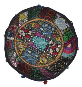 Indian Patchwork Bohemian Ottoman Pouf Cover Beaded Ottoman Pouf Cover - Product Image 2
