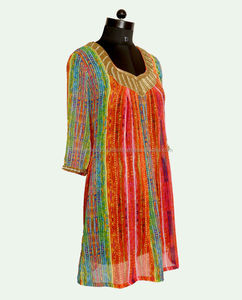 Dames élégantes A-ligne col en V Kurti imprimé numérique longueur genou robe de soirée indienne motif brodé perles taille naturelle - Product Image 3