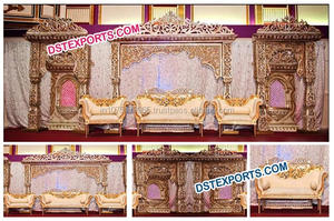 Scène ouverte pour mariage indien traditionnel, piliers en fibre dorée, scène avec chaises, dernier design, scène royale avec décoration Paisley - Product Image 3