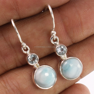 Natural <b>BLUE</b> <b>TOPAZ</b> & LARIMAR Gems 925 Sterling Silver Trendy Fashion <b>Earrings</b> - Product Image 2