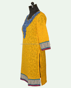 Traje superior étnico de algodón para mujer/Salwar Yellow Kurtis Diseño de bordado con estampado digital Ropa formal/informal para Adts All Seasons - Product Image 3