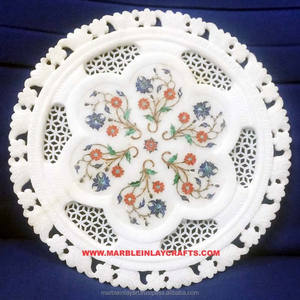 Incrustation de marbre pur de conception unique et forme ronde de plat de sculpture avec la conception de fleur pour l'importation de but de décoration de maison et de cuisine - Product Image 1