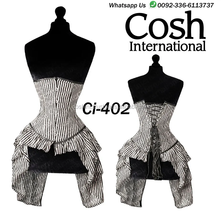 Cosh คอร์เซ็ตรัดตัวเดรสคอร์เซ็ทผ้าซาตินมีโครงเหล็กสีขาวและดำชุดเดรสคอร์เซ็ทงานปาร์ตี้ออกแบบได้ตามต้องการ
