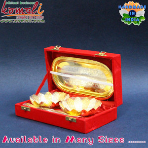 Juego de bandeja de cuchara de cuenco chapado en oro y plata con forma de loto en caja de terciopelo Regalo de devolución indio para boda, Diwali, regalo festivo - Product Image 5