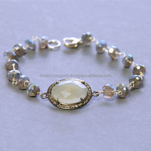 Labradorite and <b>Moonstone</b> Pave Sterling Silver Beaded <b>Bracelet</b> Gold Plated Gemstone Jewelry for Wedding and Gift - Product Image 4