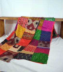 Hot Selling Bright Queen Size Patola Silk Patch work Indian Sari Kantha Quilt