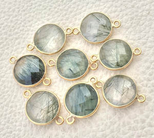 Conectores de Plata de Ley 925 Chapados en Oro de 24K con Cuarzo Rutilado Verde en Forma de Moneda Facetada, Componentes para Joyería - Product Image 3