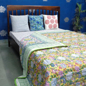 Best Selling Products Factory Outlets' Latest <b>Queen</b> <b>Size</b> Handmade <b>Quilts</b> Floral Canvas Limeade Block Print on Sale - Product Image 5
