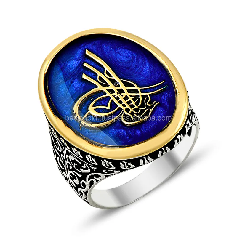 925 Sterling Silver Blue Enamel Art Ottoman Tugra Men Ring High Quality Male for Men Bohemian Style Punk Rings for Men