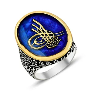 Cincin Kualitas Tinggi untuk Pria, Cincin Kualitas Tinggi, Cincin Punk Gaya Bohemia, Cincin Pria Tugra, Seni Enamel Biru, Perak Sterling 925