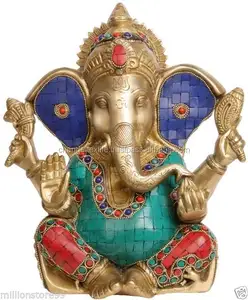 Hindu God Ganesha Blessed Statue Brass Stone Work Figure Hindu Art Lord Luck charm Ganesha ethnic Decor Stones Ethnic art