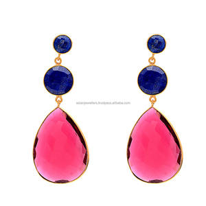 Boucles d'oreilles Lapis Lazuli en argent Sterling 925 et quartz rose, pierres précieuses, or, boucles d'oreilles en flacon - Product Image 1