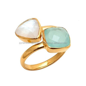 อควา Chalcedony และมูนสโตนแหวนพลอย-แหวนเงินสเตอร์ลิง - Product Image 1