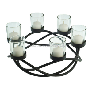 Meilleure vente Bougeoir à bougie chauffe-plat rond en fer 6 en verre Chandelier en métal fini noir - Product Image 1