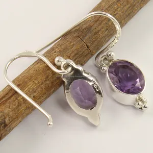 挂钩925实心纯银简单智能珠宝天然紫色紫水晶宝石印度时尚耳环