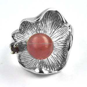 แหวนพลอยโมราแดงทรงหลังเบี้ยทรงกลมโกเมน/แหวนเงินแท้925เหลี่ยมเพชรพลอย SR818แหวนสวยงาม - Product Image 1