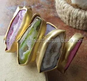 Slice Agate Warna-warni Pernyataan Disesuaikan Sayap Malaikat Antik Manset Manik-manik Gelang Set Berlapis Emas