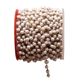 Natural Pearl 6mm Round Bead Gunmetal Plated Wire Rosary Chain