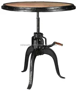 Industrial & vintage Cast Iron Height adjustable wooden round Top crank Restaurant dining table